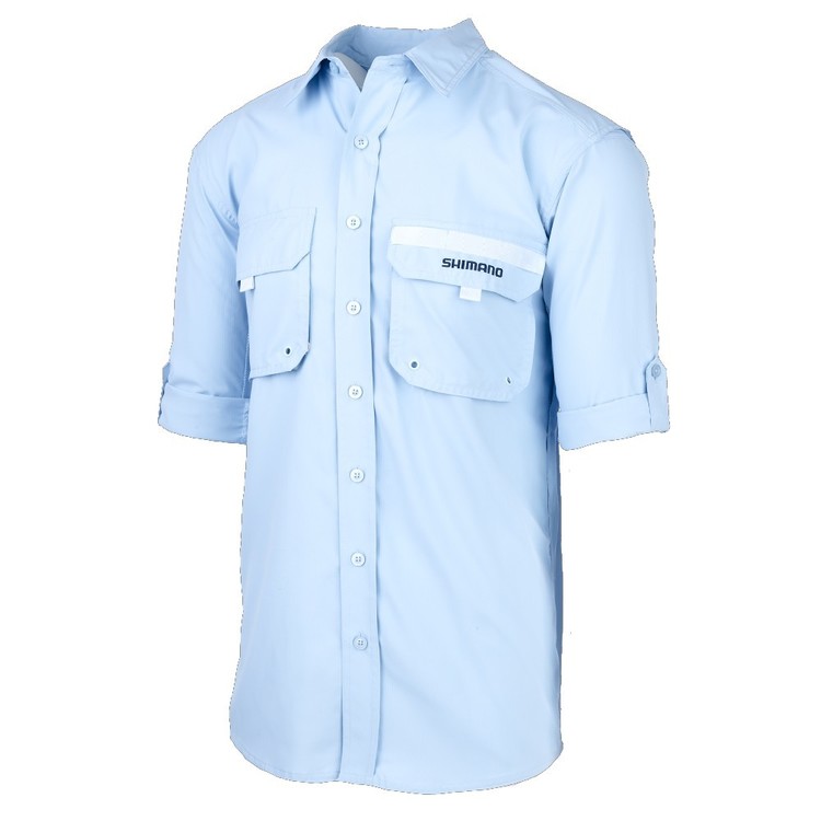 Shimano Mens Large LL Blue White Button Up Longsleeve Vented Fishing Shirt