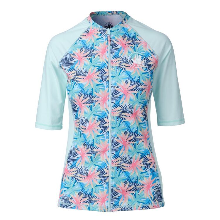 Body Glove Women's Tropics Full Zip Short Sleeve Rash Vest Print & Spa Blue