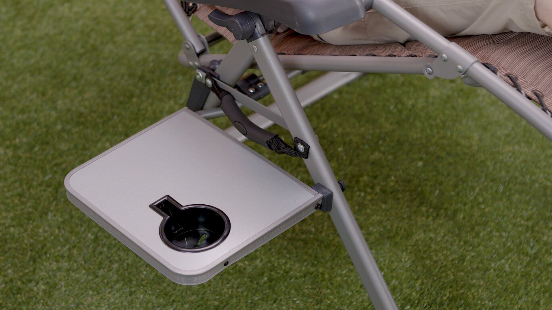 Close Up Of Camping Chair Side Table & Cup Holder