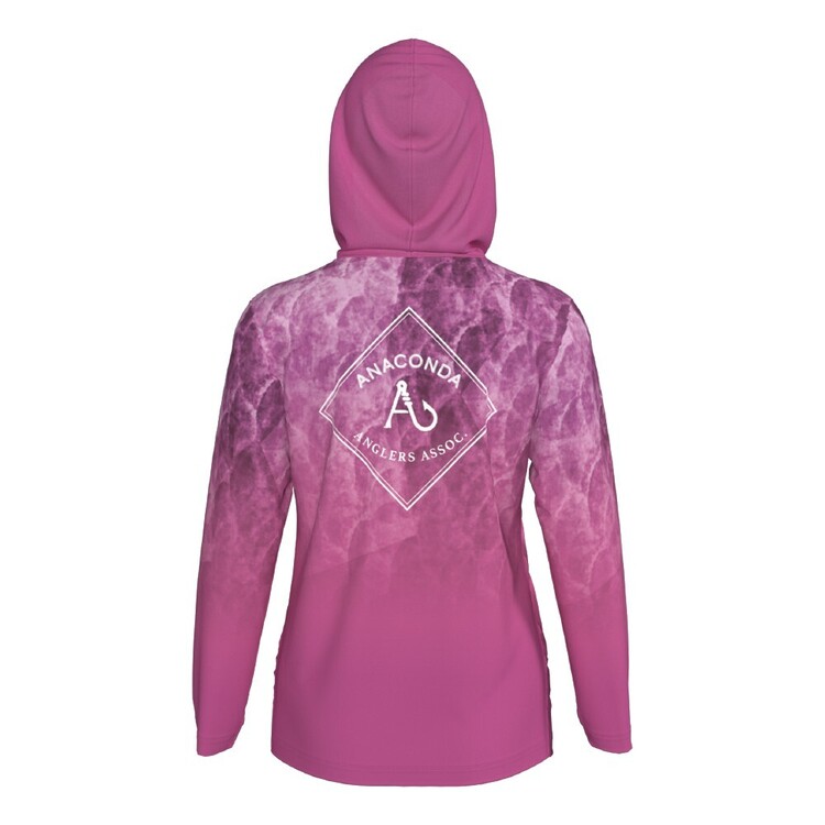 Anaconda Anglers Association Hooded Fishing Shirt Womens Pink Scales Lures