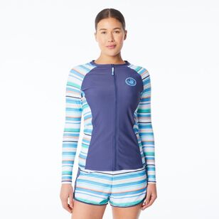 Body Glove Women's Stripe Full Zip Long Sleeve Rash Vest Navy & Azure Stripe