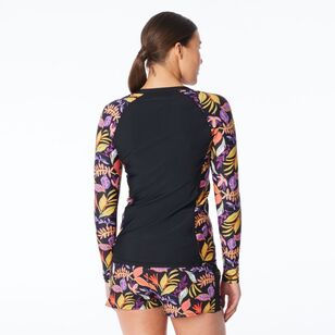 Body Glove Women's Tropic Leaves Full Zip Long Sleeve Rash Vest Black Print