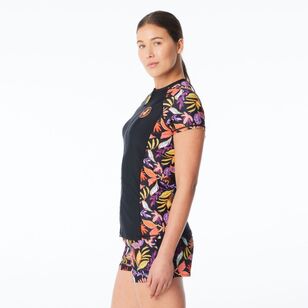 Body Glove Women's Tropic Leaves Full Zip Cap Sleeve Rash Vest Black Print