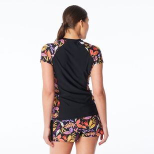 Body Glove Women's Tropic Leaves Full Zip Cap Sleeve Rash Vest Black Print