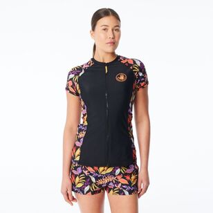 Body Glove Women's Tropic Leaves Full Zip Cap Sleeve Rash Vest Black Print