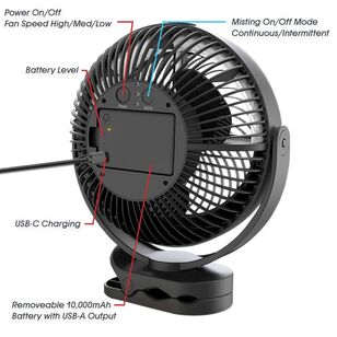 Spinifex 9inch Clip Rechargeable Mist Fan Black 9 in