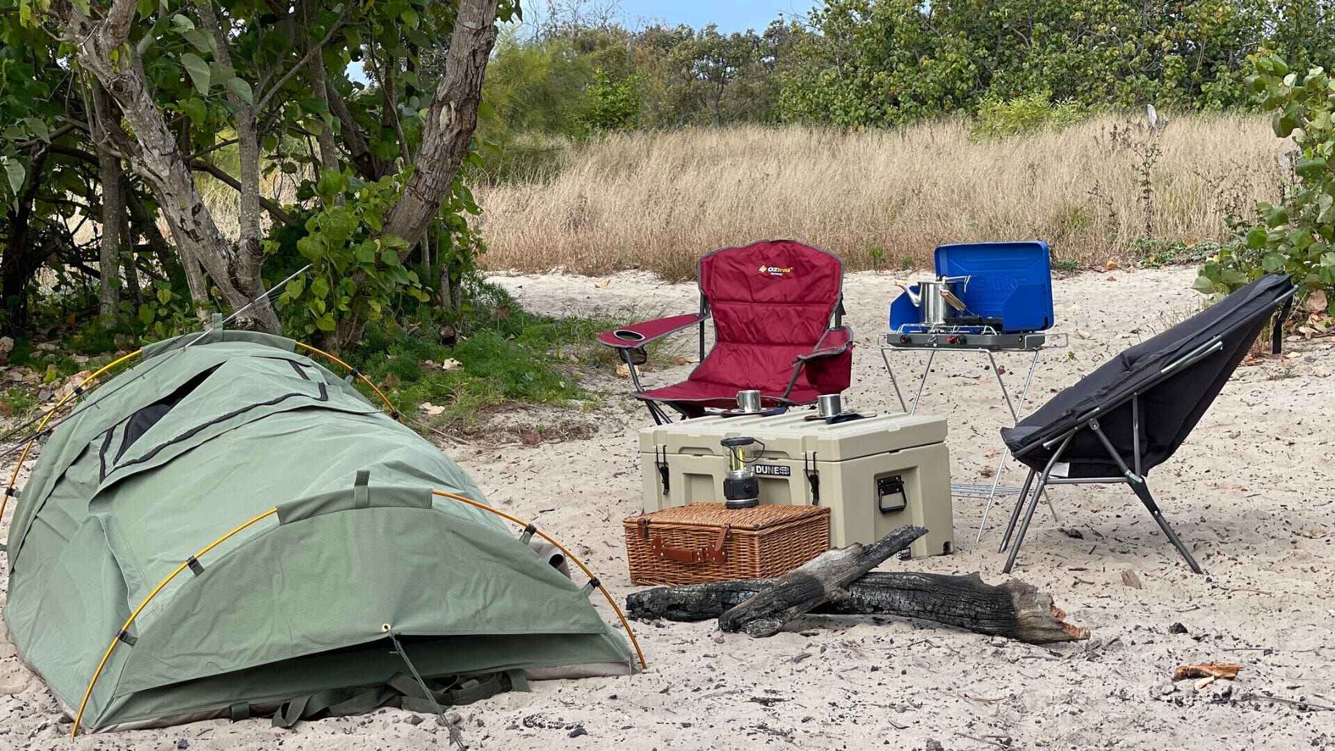 Single Swag Set Up With Oztrail Getaway Maroon Deluxe Chair & Dune 4WD Cooler Box